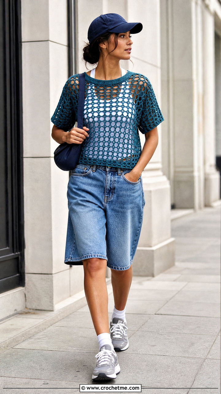 Crochet Mesh Tee With Denim Bermuda Shorts - 35 easy crochet summer tops outfit ideas