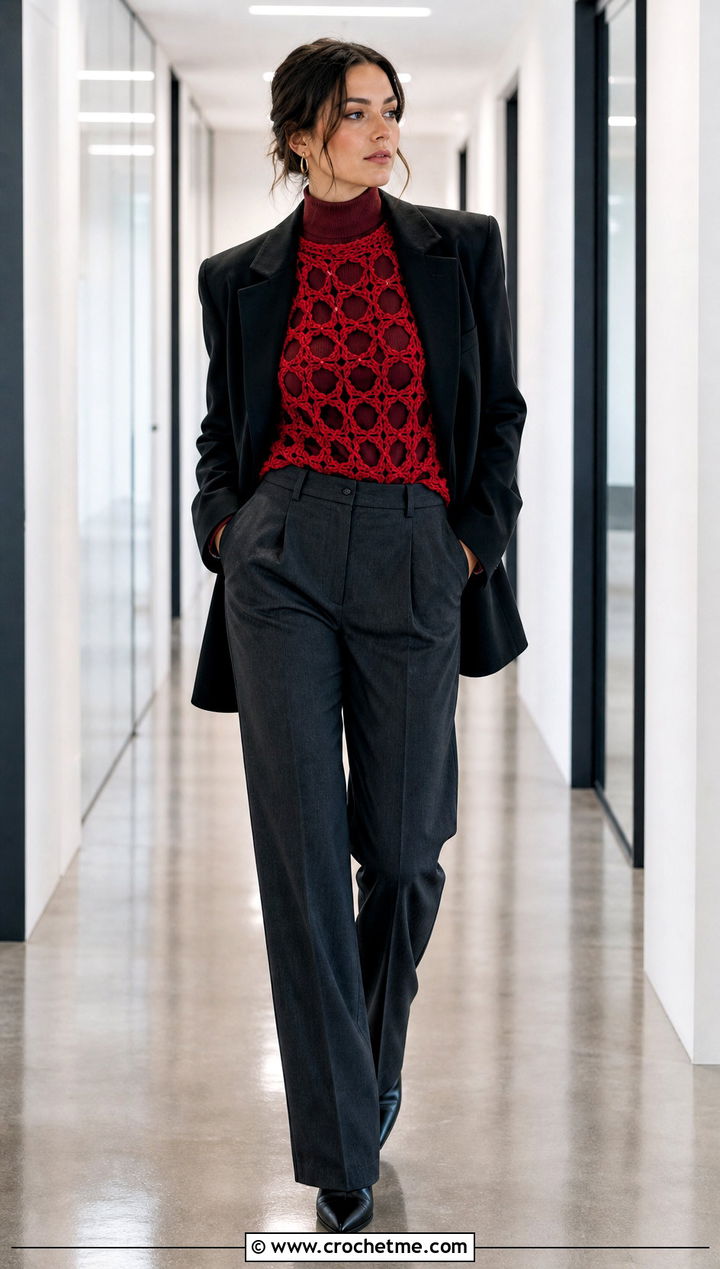Crochet Mesh Top Over Fitted Turtleneck - 25 winter crochet outfit ideas