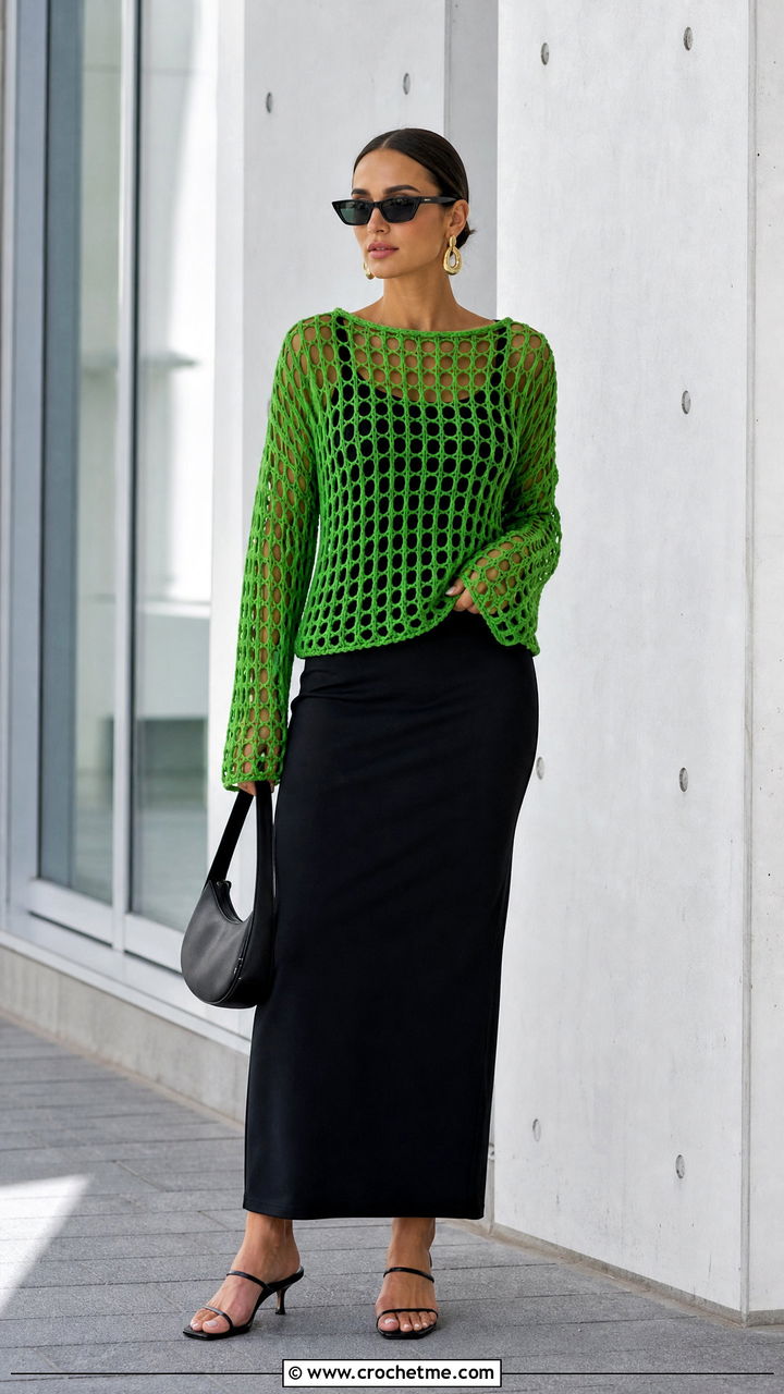 Crochet Mesh Top With Black Column Skirt - 35 crochet summer tops for women outfit ideas