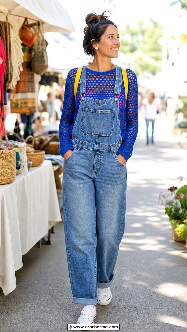 Crochet Mesh Top With Denim Overalls - 35 crochet fitted top outfit ideas