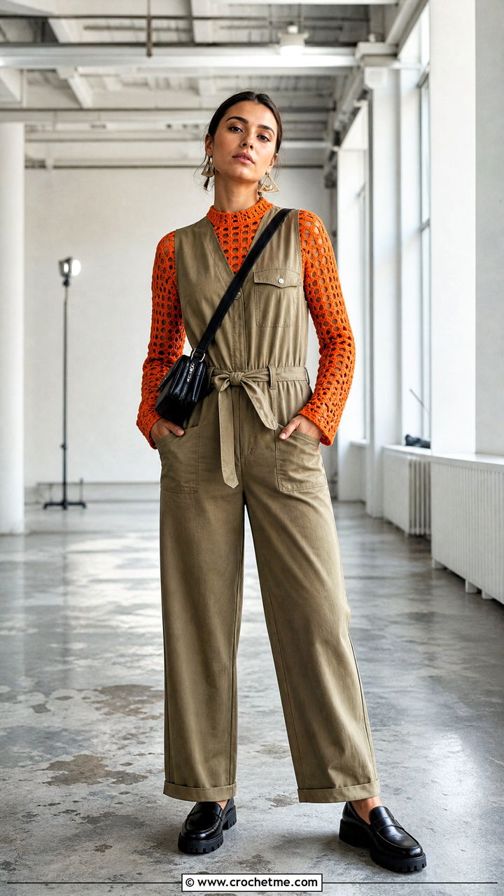 Crochet Mesh Top With Utility Jumpsuit - 35 crochet outfit ideas