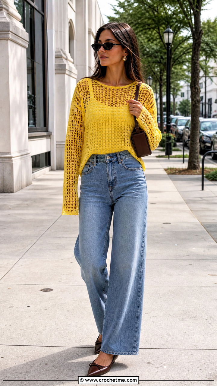 Crochet Mesh Top With Wide Leg Jeans - 35 crochet clothes and accessories outfit ideas
