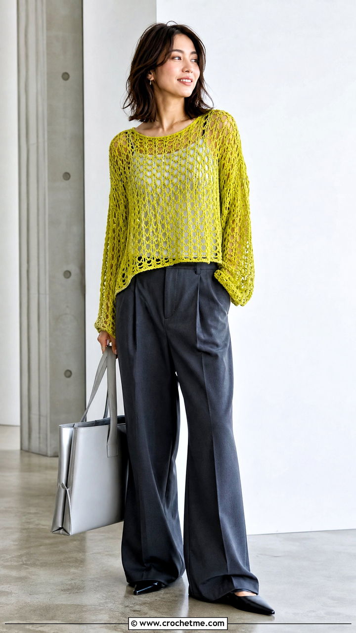 Crochet Mesh Top With Wide Leg Trousers - 35 crochet projects clothes and outfit ideas