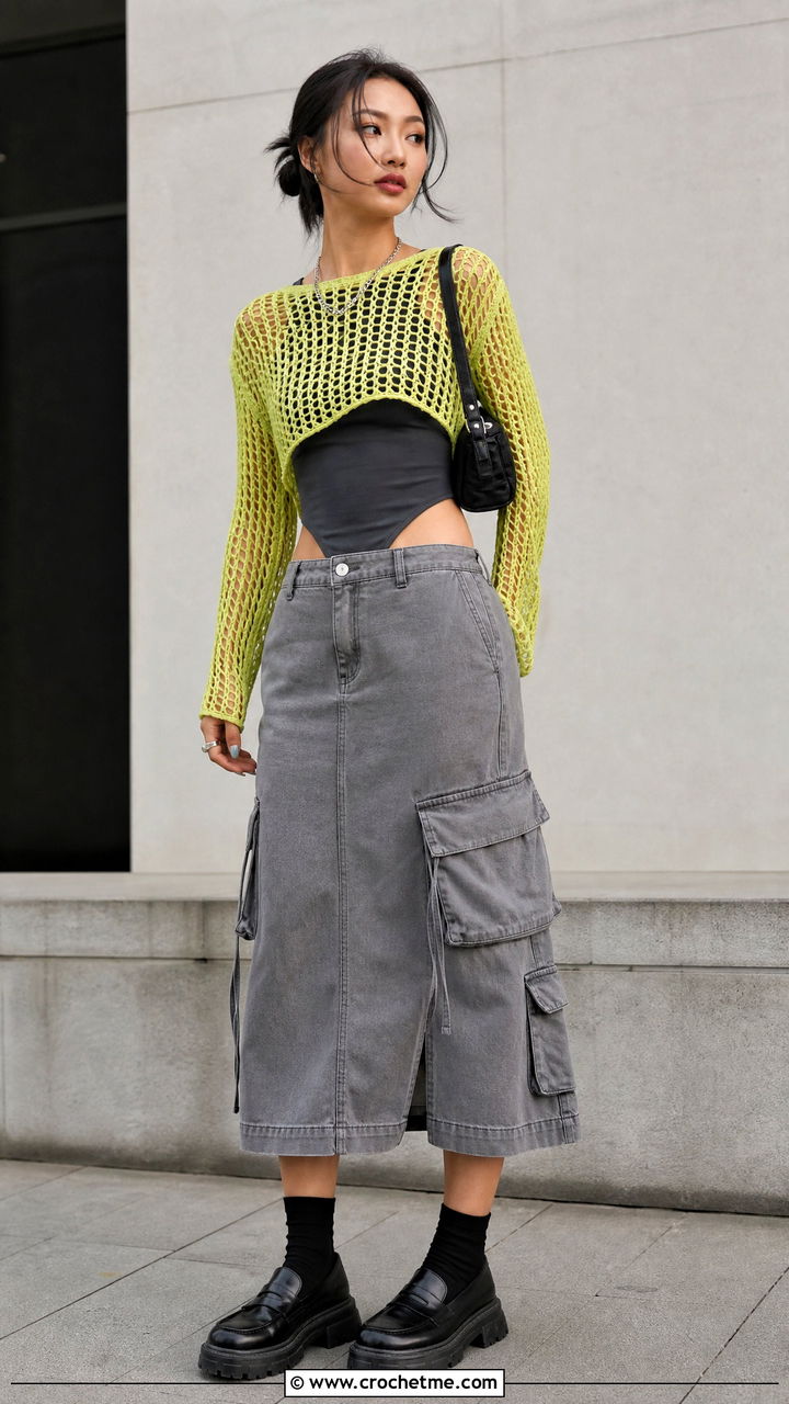 Crochet Mesh Top With a Cargo Midi Skirt - 35 fall crochet clothes and outfit ideas