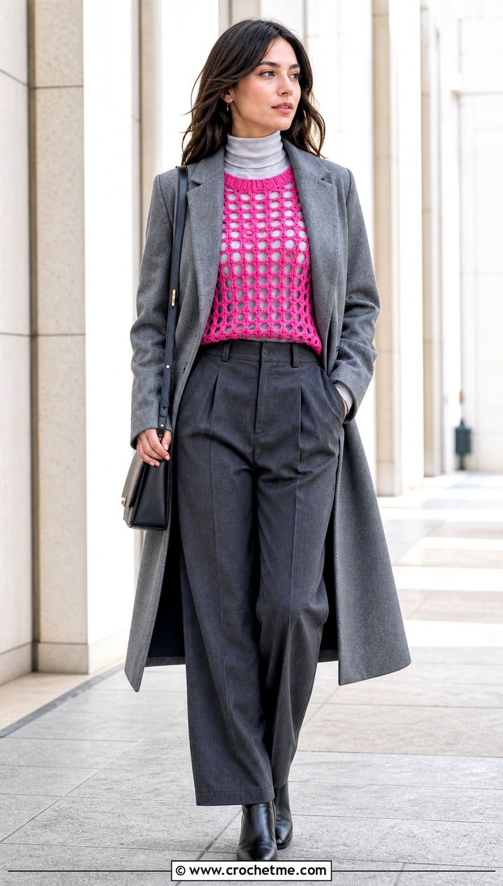 Crochet Mesh Top With a Fitted Turtleneck - 35 Crochet Winter Outfits ideas