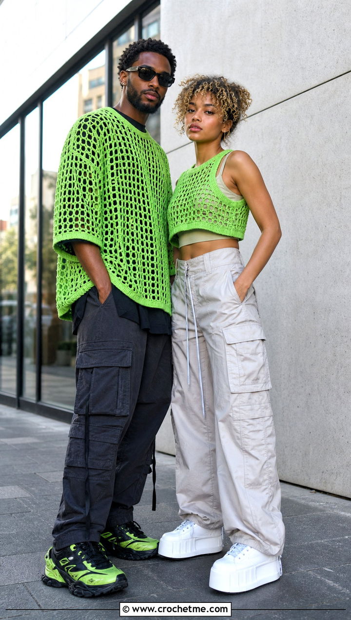 Crochet Mesh Tops With Cargo Pants - 30 couples crochet outfit ideas