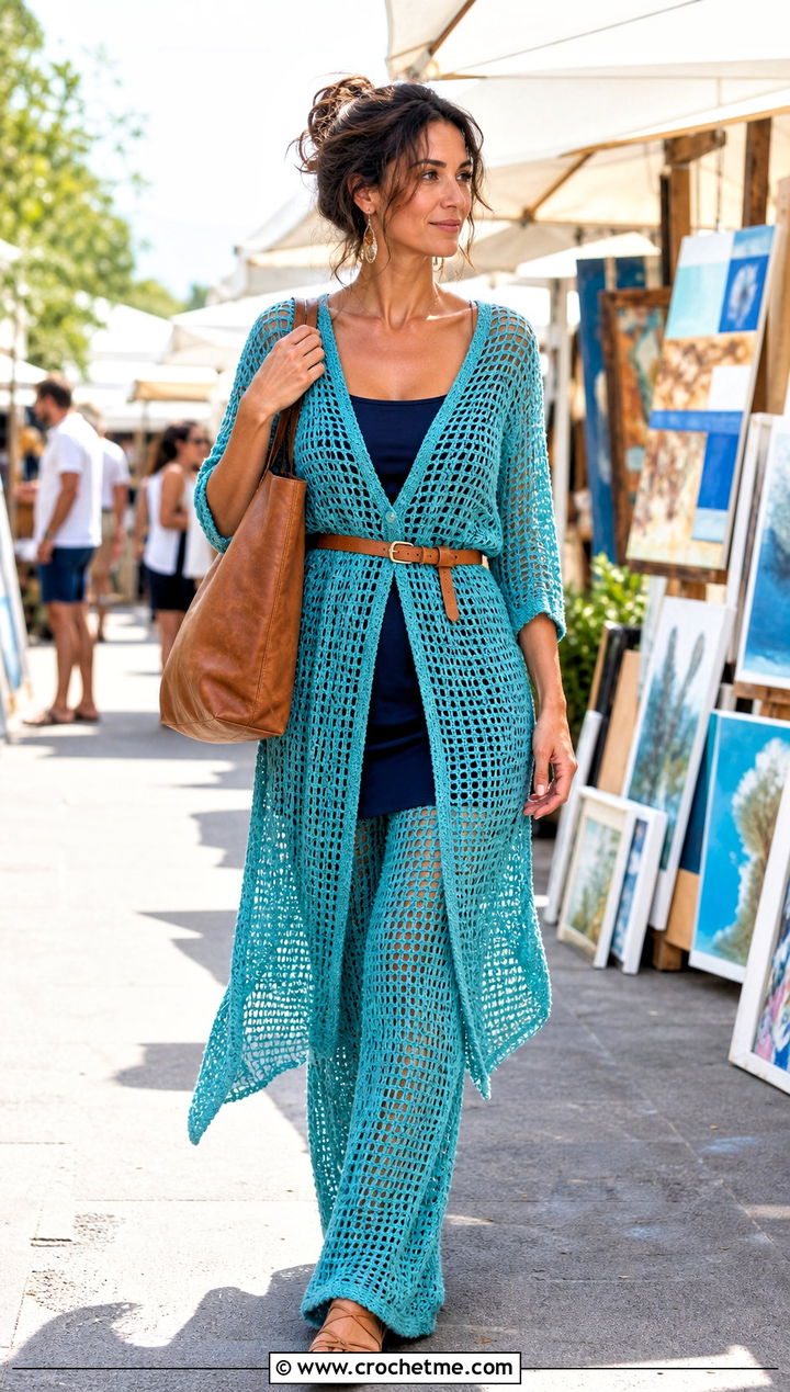 Crochet Mesh Tunic And Lined Wide Leg Pants Set - 30 crochet pants set outfit ideas