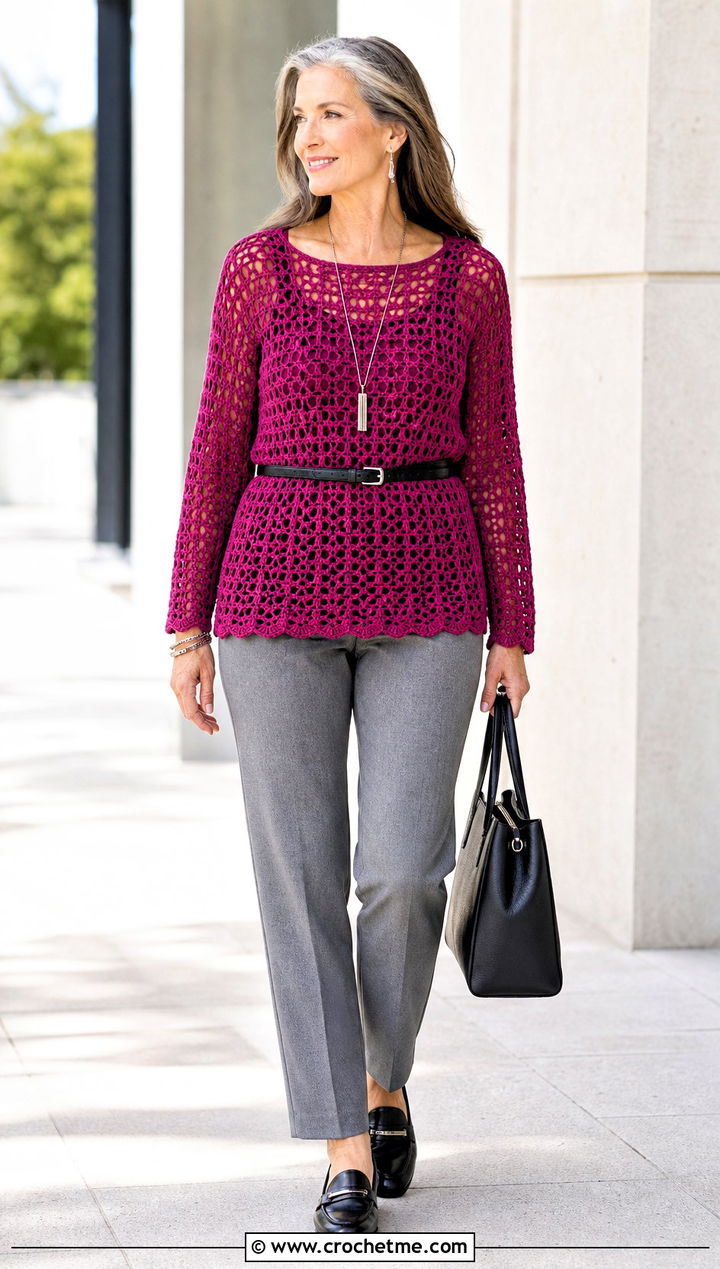 Crochet Mesh Tunic Top With Straight Leg Pants - 15 Crochet Long Sleeve Mesh Top outfit ideas