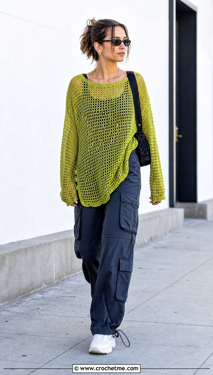 Crochet Mesh Tunic With Cargo Pants - 25 Fantasy Crochet Clothing and outfit ideas