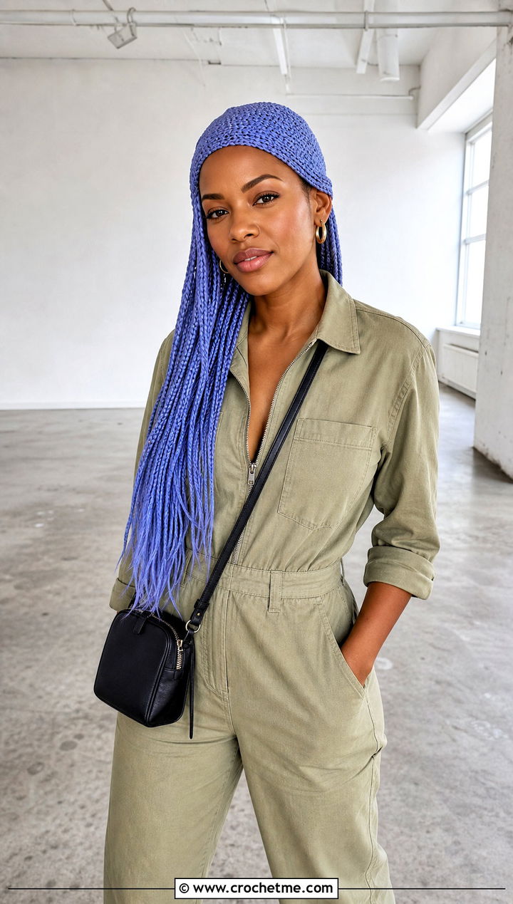 Crochet Micro Braid Wig Hat With Utility Jumpsuit - 20 Crochet Wig Hat outfit ideas