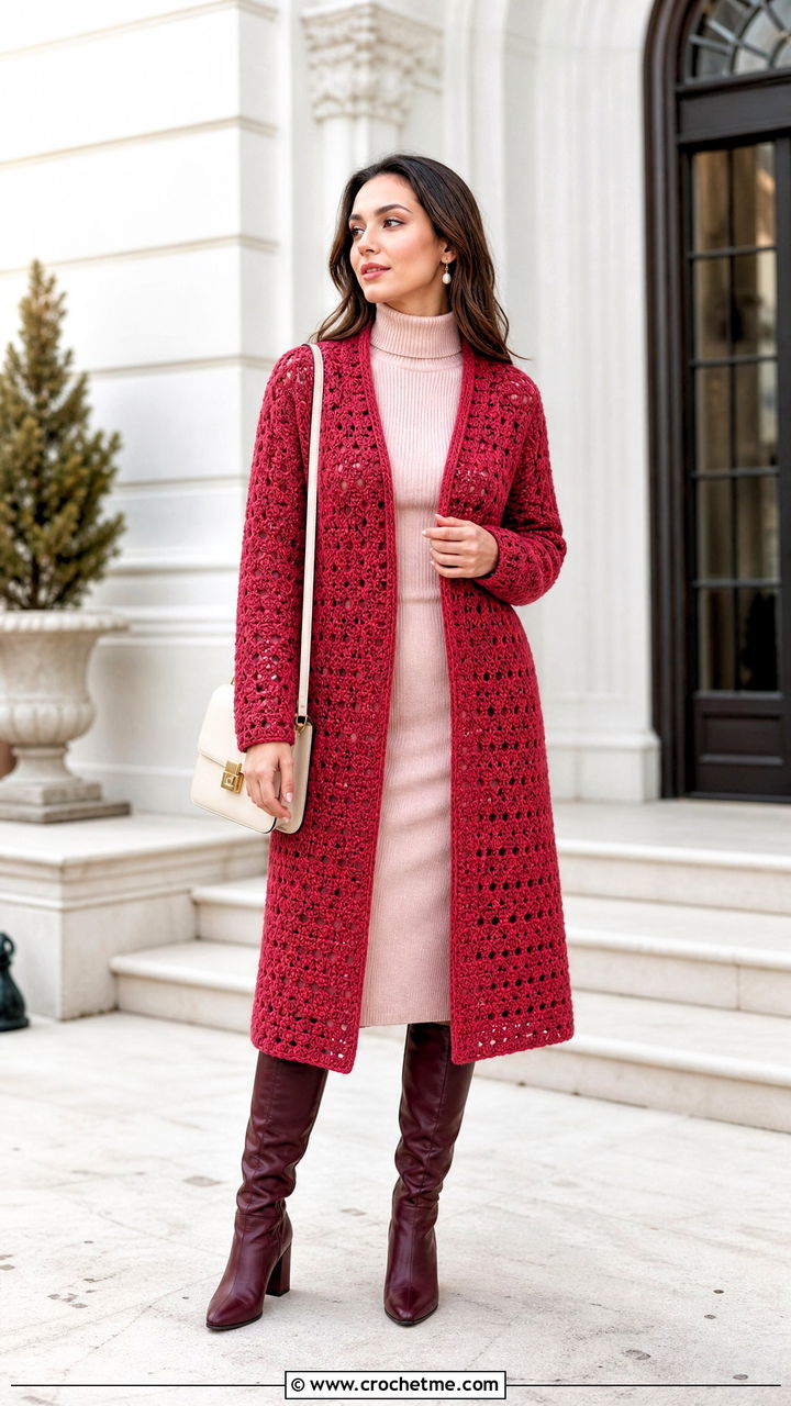 Crochet Midi Coat With Turtleneck Dress - 35 crochet coats outfit ideas