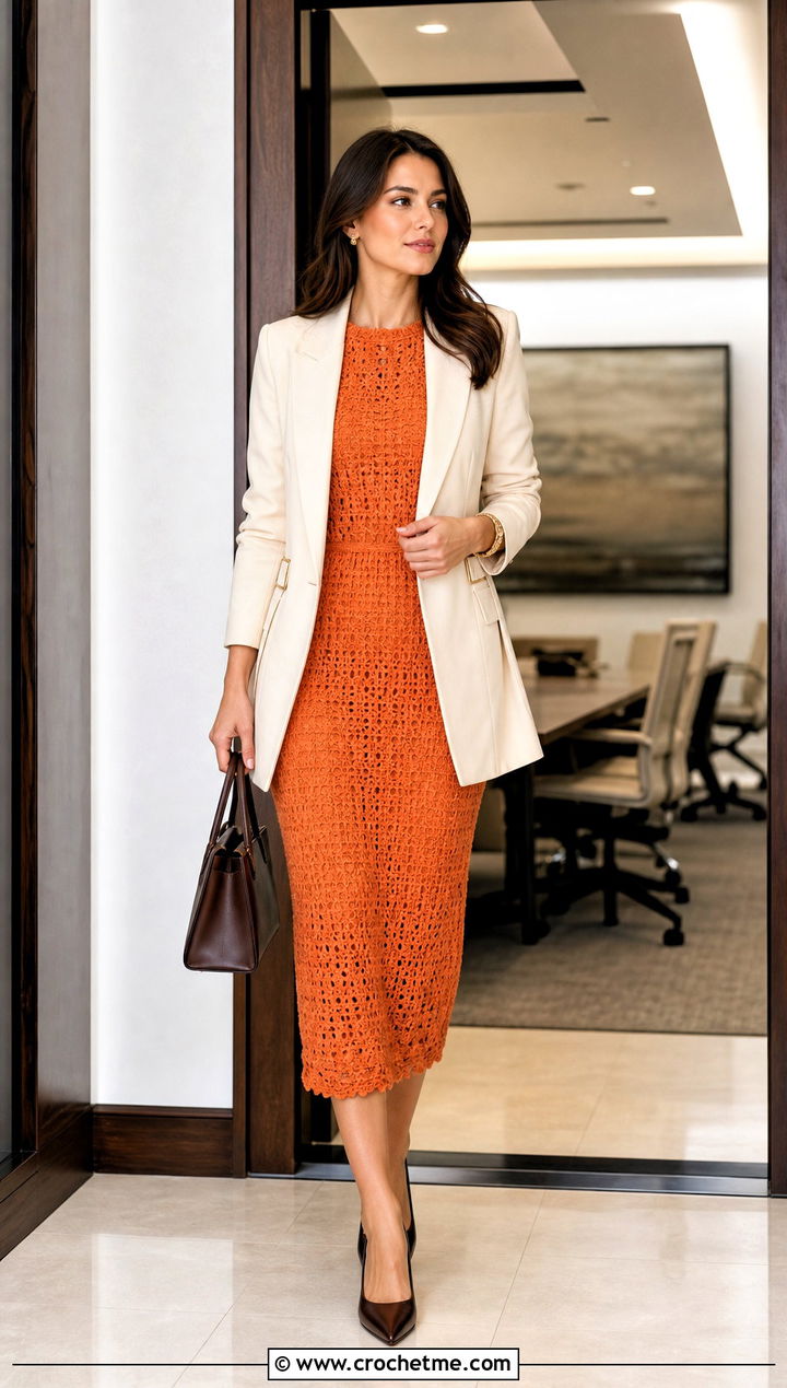 Crochet Midi Dress With Belted Blazer - 25 Crochet Professional Clothes and outfit ideas