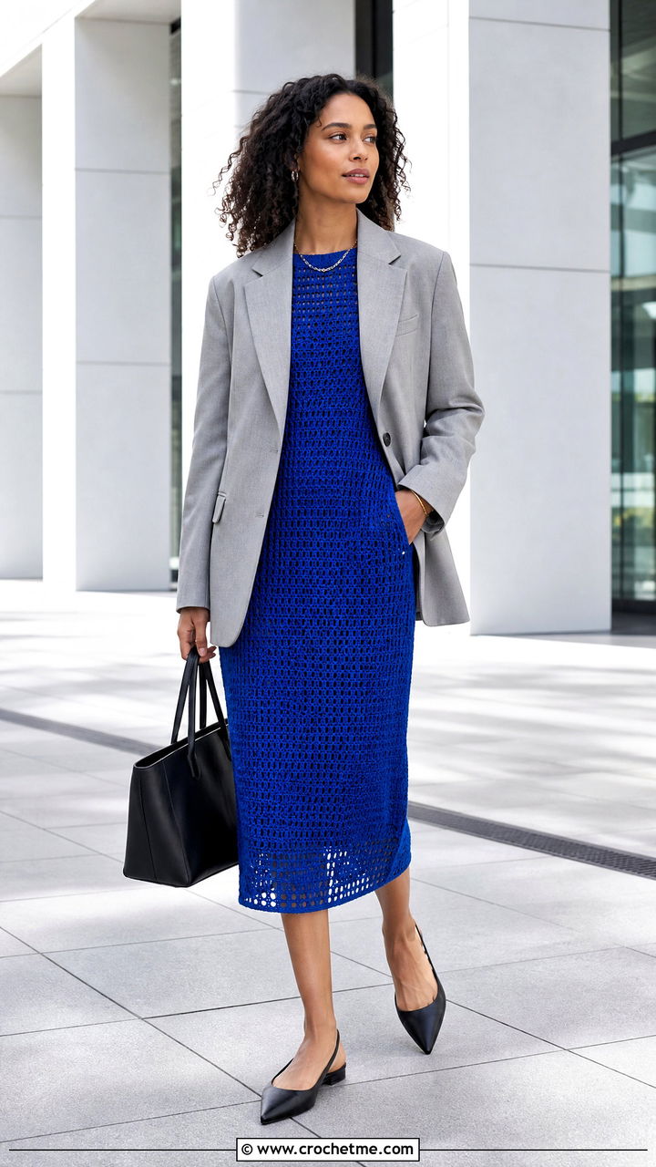 Crochet Midi Dress With Blazer - 35 simple crochet dress women outfit ideas