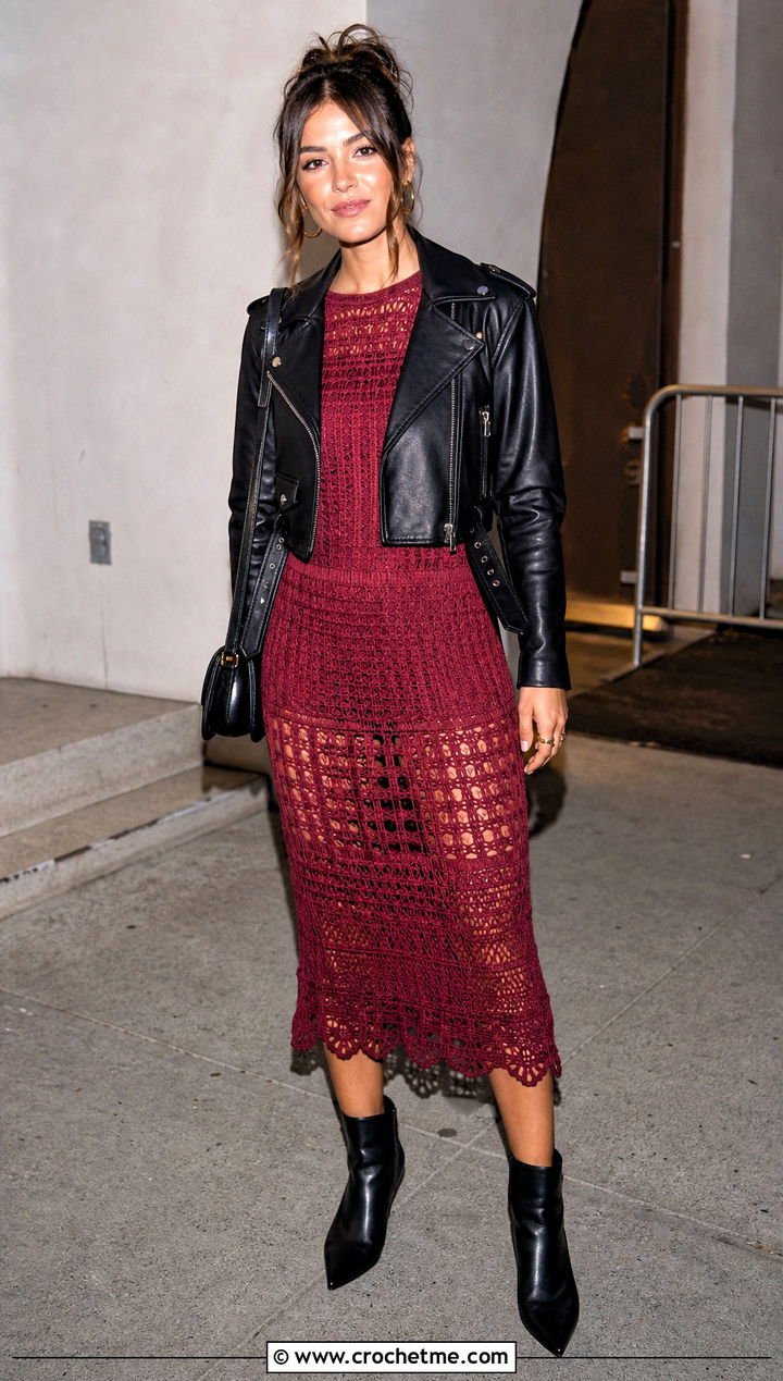 Crochet Midi Dress With Cropped Moto Jacket - 30 Fall Crochet Clothes Ideas
