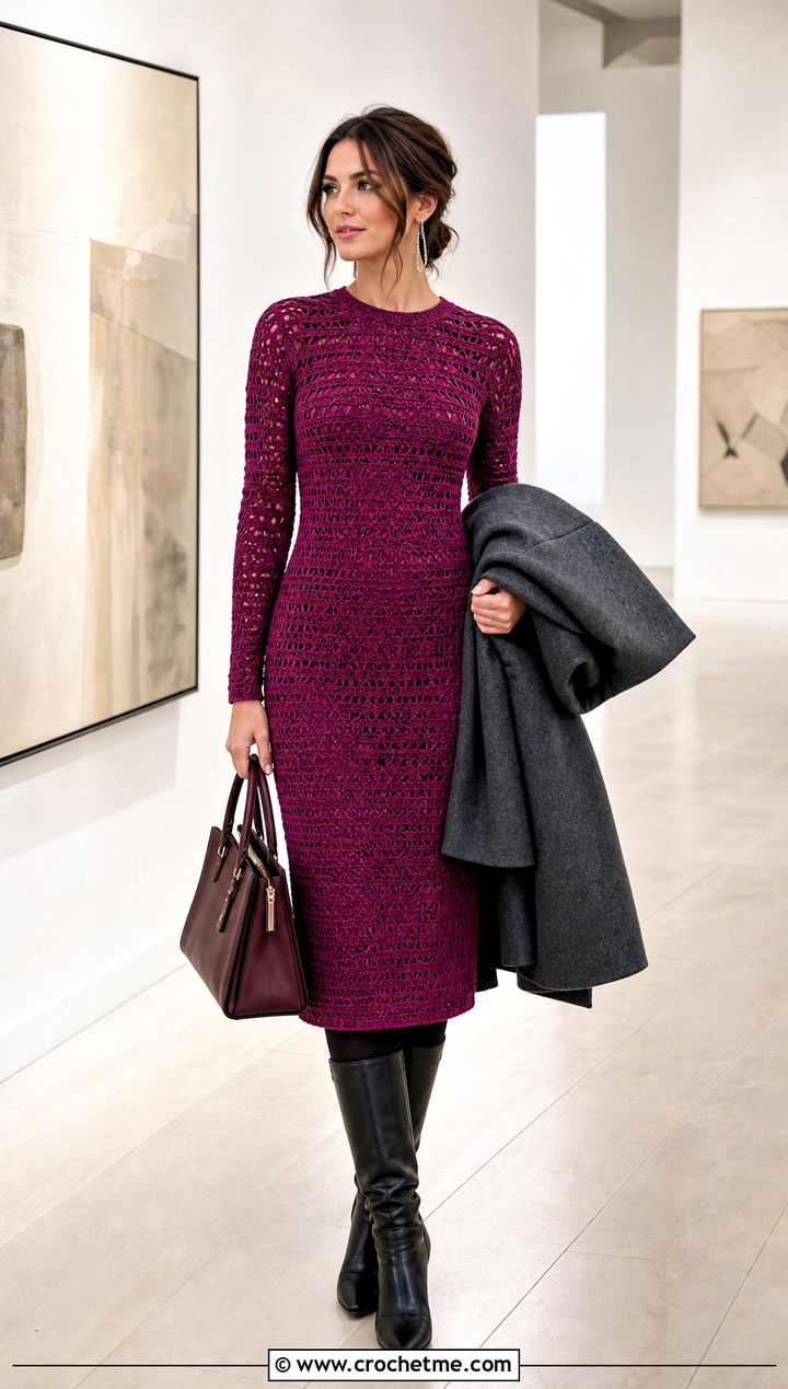 Crochet Midi Dress With Knee High Boots - 25 Winter Crochet Clothes and outfit ideas