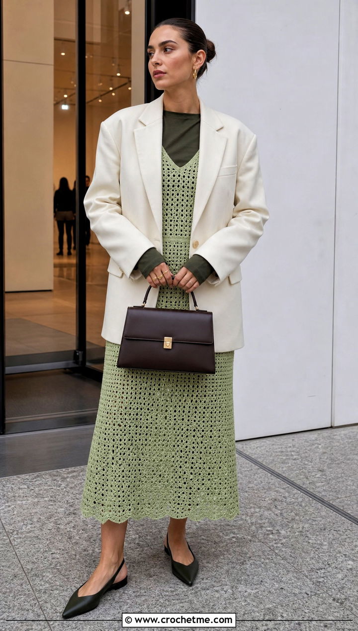 Crochet Midi Dress With Opaque Slip And Blazer - 35 Modest Crochet Outfit Ideas