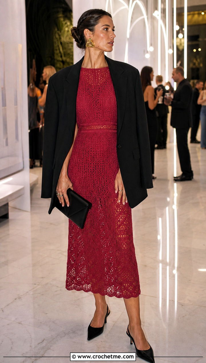 Crochet Midi Dress With Oversized Blazer - 25 easy clothes to crochet outfit ideas