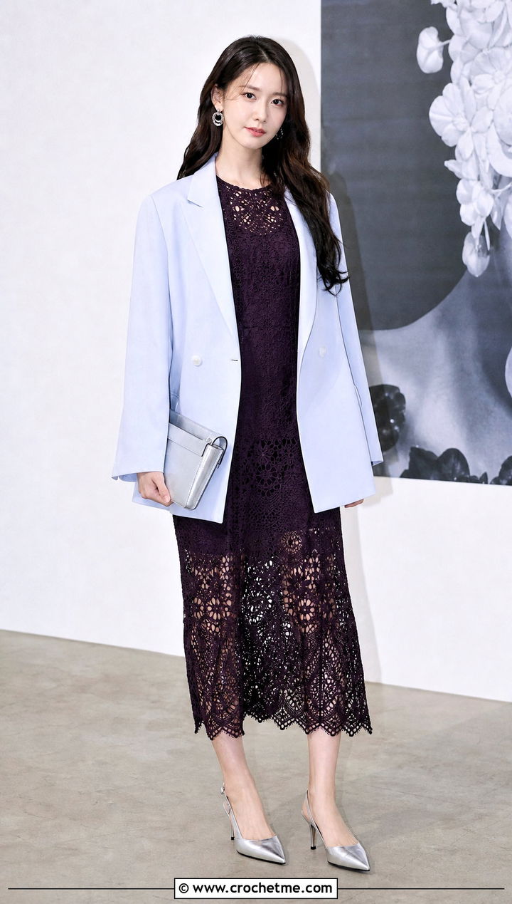 Crochet Midi Dress With Oversized Blazer - 25 K Pop Crochet Clothes and outfit ideas