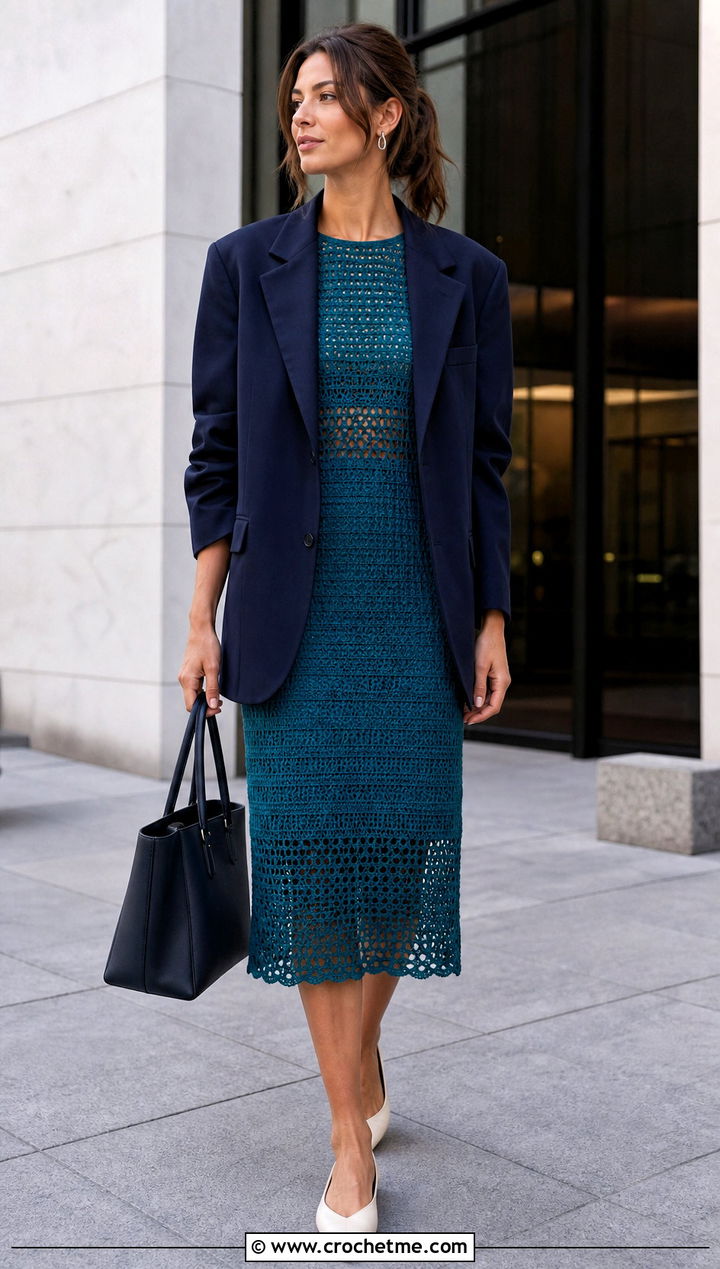 Crochet Midi Dress With Oversized Blazer - 25 women crochet clothes and outfit ideas