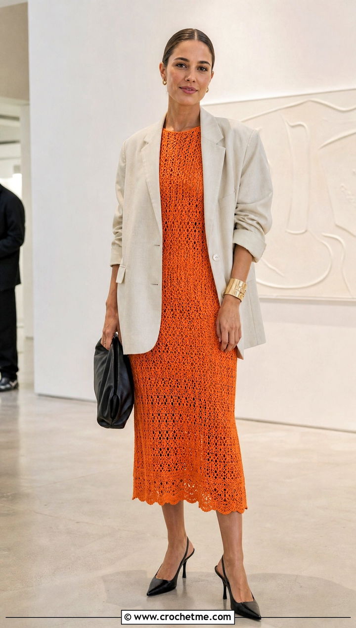Crochet Midi Dress With Oversized Blazer - 20 crochet apparel and outfit ideas