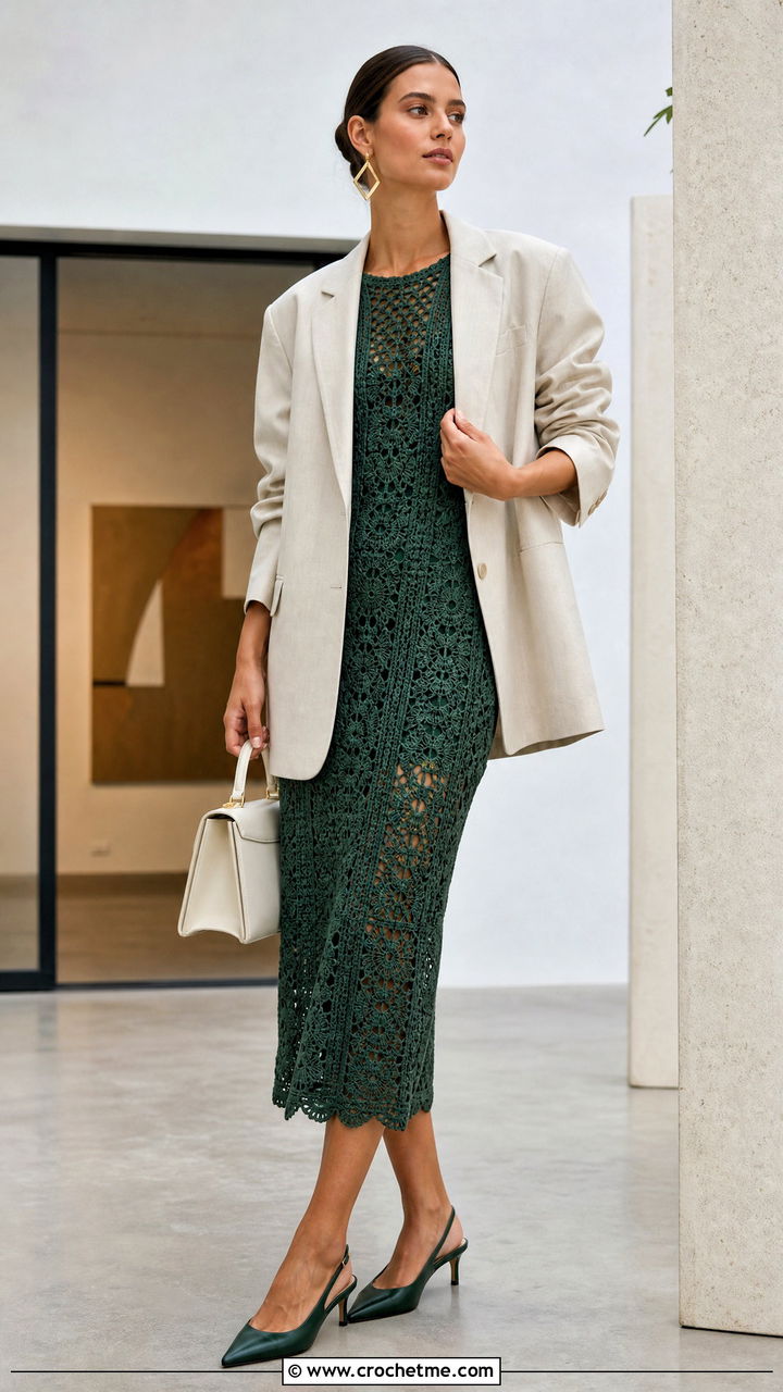 Crochet Midi Dress With Oversized Blazer - 35 aesthetic crochet clothes and outfit ideas