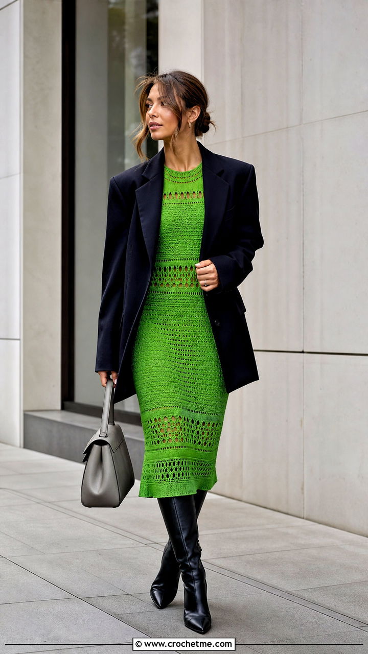 Crochet Midi Dress With Oversized Blazer - 35 autumn crochet clothes and outfit ideas