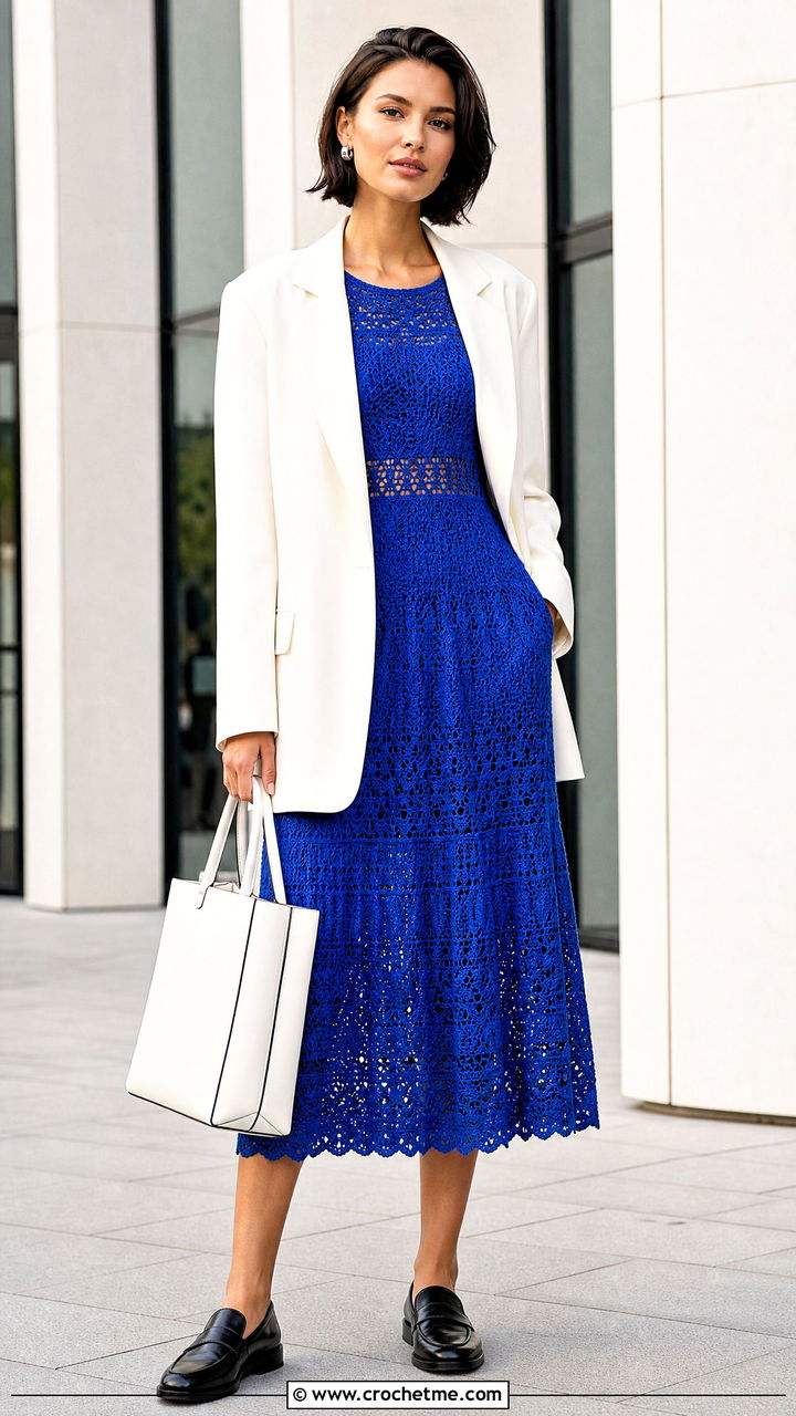 Crochet Midi Dress With Oversized Blazer - 35 crochet garments outfit ideas
