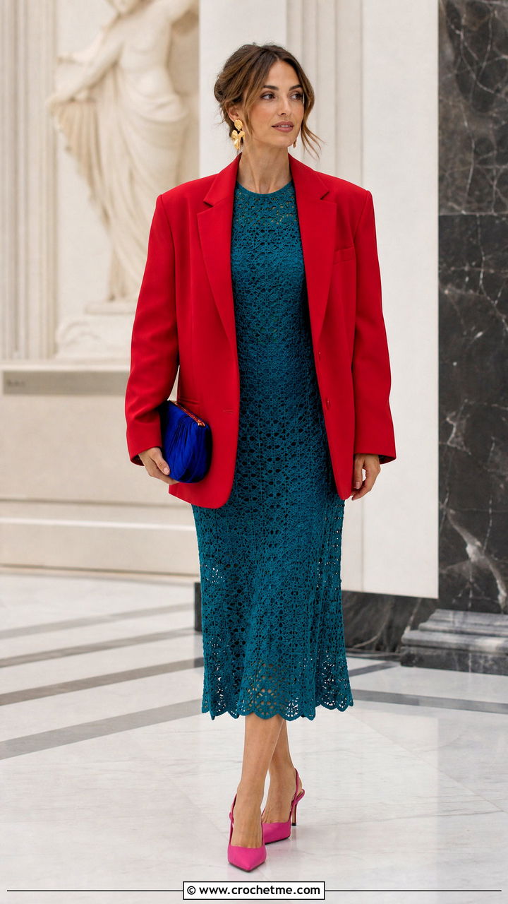 Crochet Midi Dress With Oversized Blazer - 35 crochet outfits ideas