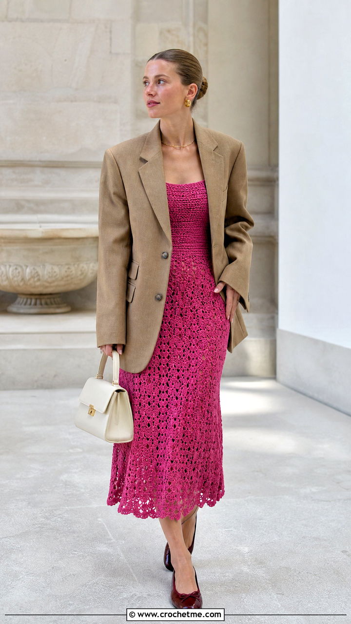 Crochet Midi Dress With Oversized Blazer and Ballet Flats - 35 crochet clothes ideas