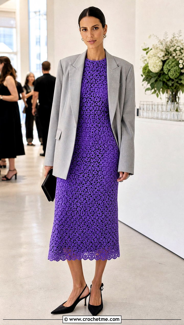 Crochet Midi Dress With Oversized Blazer - 30 cute crochet clothing and outfit ideas