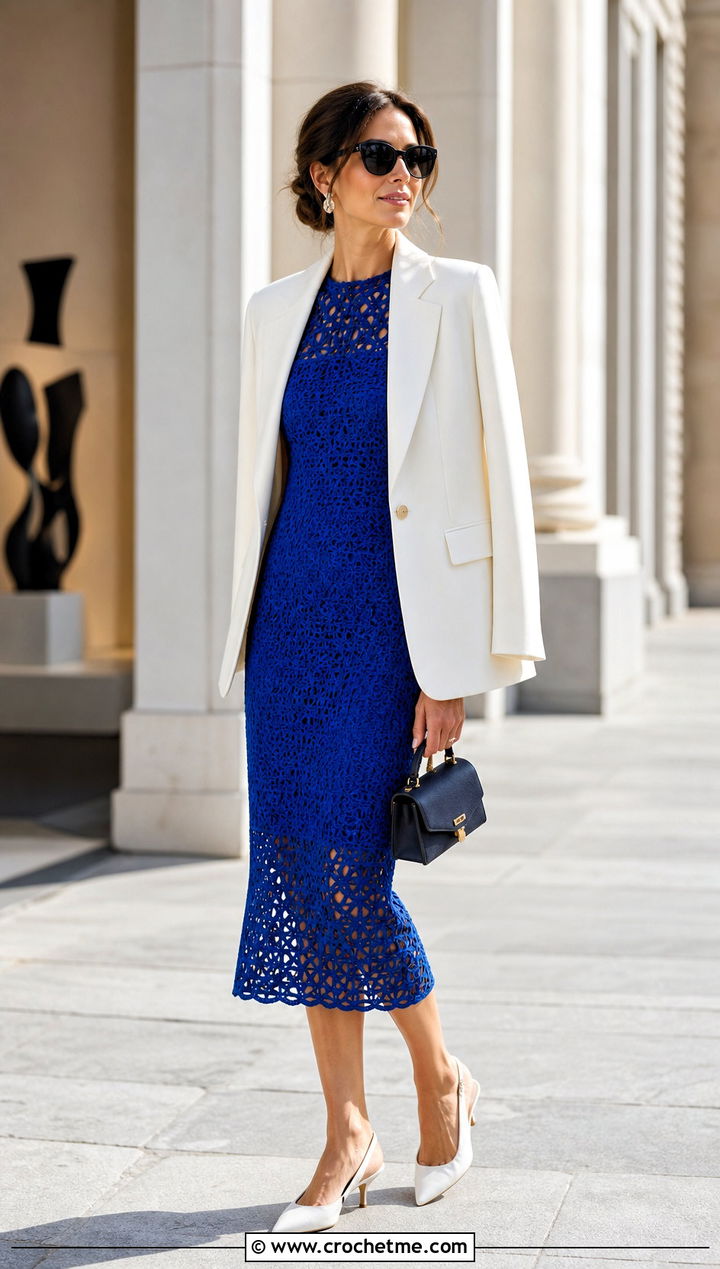 Crochet Midi Dress With Tailored Blazer - 35 old money crochet outfits ideas