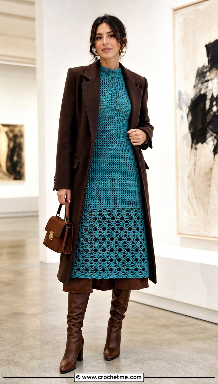 Crochet Midi Dress With a Tailored Coat - 35 Crochet Winter Outfits ideas