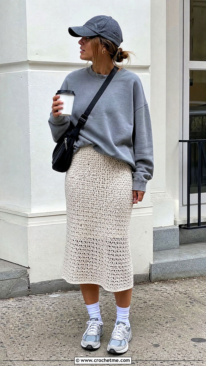 Crochet Midi Skirt And Sweatshirt Outfit - 35 crochet skirt outfit ideas
