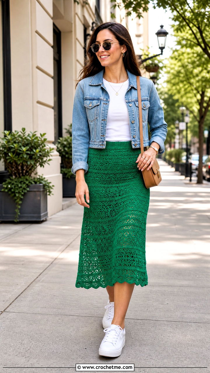 Crochet Midi Skirt With Denim Jacket - 35 cute crochet clothes and outfit ideas