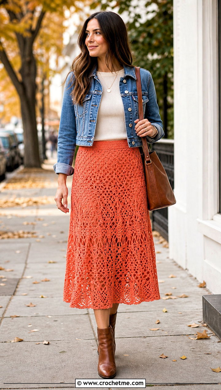 Crochet Midi Skirt With Denim Jacket And Boots - 30 crochet fall outfits ideas
