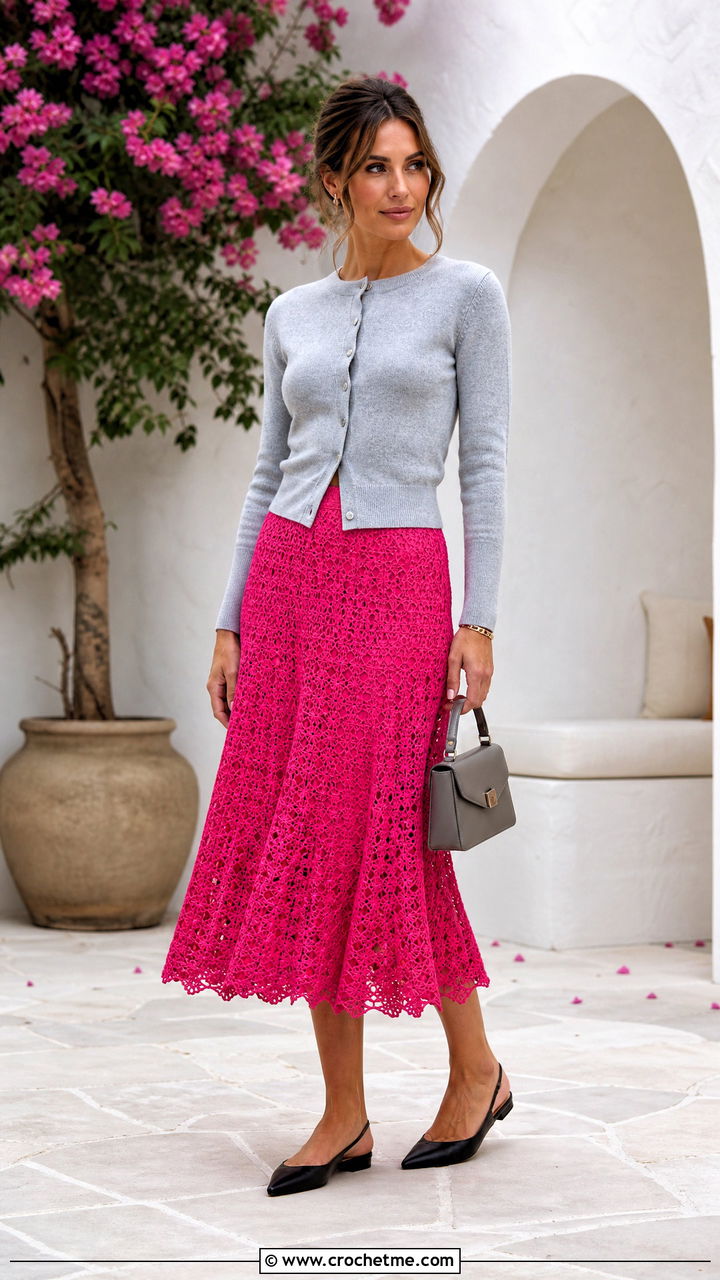 Crochet Midi Skirt With Fitted Cardigan - 35 crochet clothes for women outfit ideas