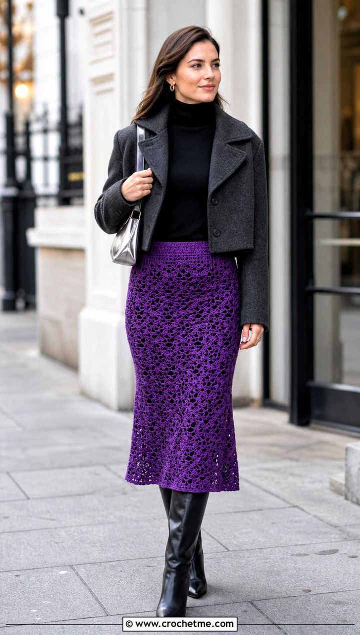 Crochet Midi Skirt With Fitted Turtleneck - 25 winter crochet outfit ideas