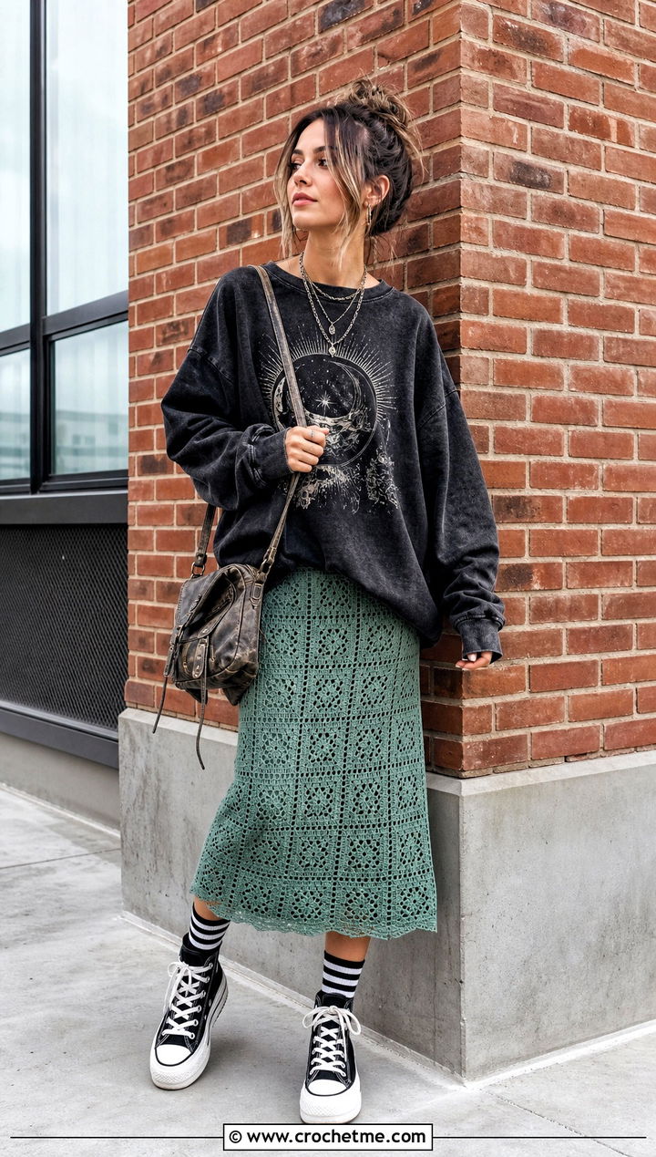 Crochet Midi Skirt With Graphic Sweatshirt - 25 grunge crochet clothes and outfit ideas