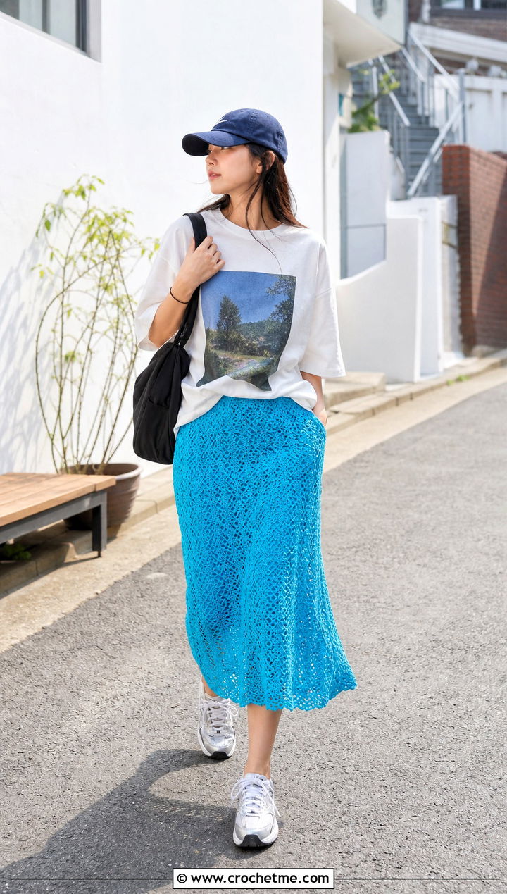 Crochet Midi Skirt With Graphic T Shirt - 30 korean crochet outfits ideas
