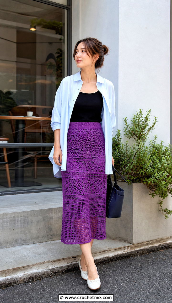 Crochet Midi Skirt With Oversized Button Down Shirt - 25 women crochet clothes and outfit ideas