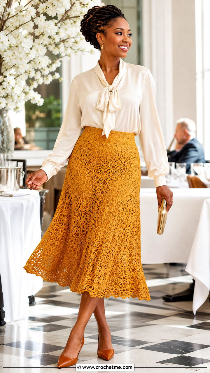 Crochet Midi Skirt With Satin Blouse - 35 crochet outfits black women outfit ideas