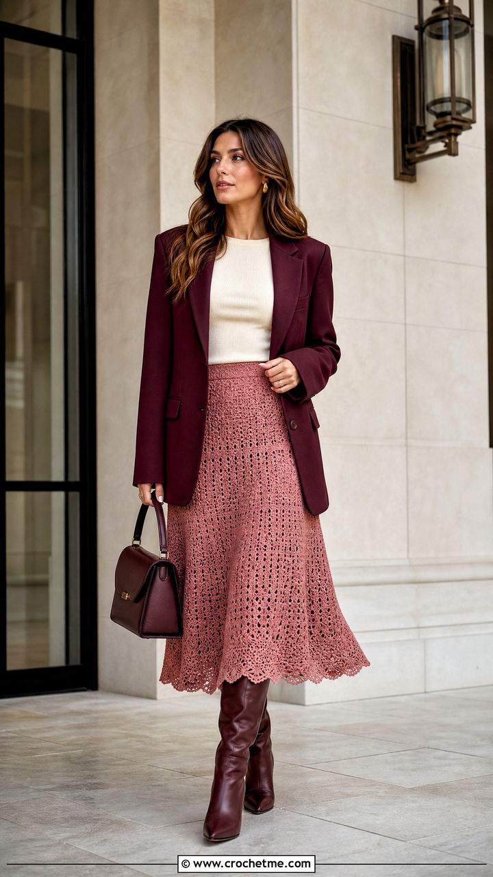 Crochet Midi Skirt With an Oversized Blazer - 35 fall crochet clothes and outfit ideas