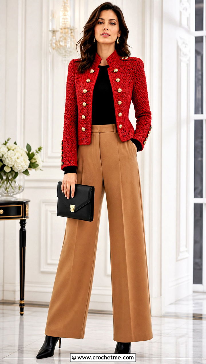 Crochet Military Jacket With Wide Leg Trousers - 30 crochet winter jacket outfit ideas