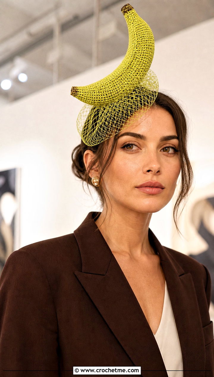 Crochet Mini Banana Fascinator Hat With Suit - 30 crochet banana hat outfit ideas