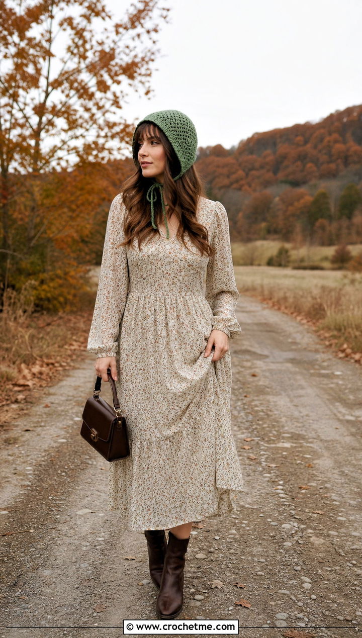 Crochet Mini Bonnet Hat With Prairie Dress - 35 Crochet Mini Hat outfit ideas