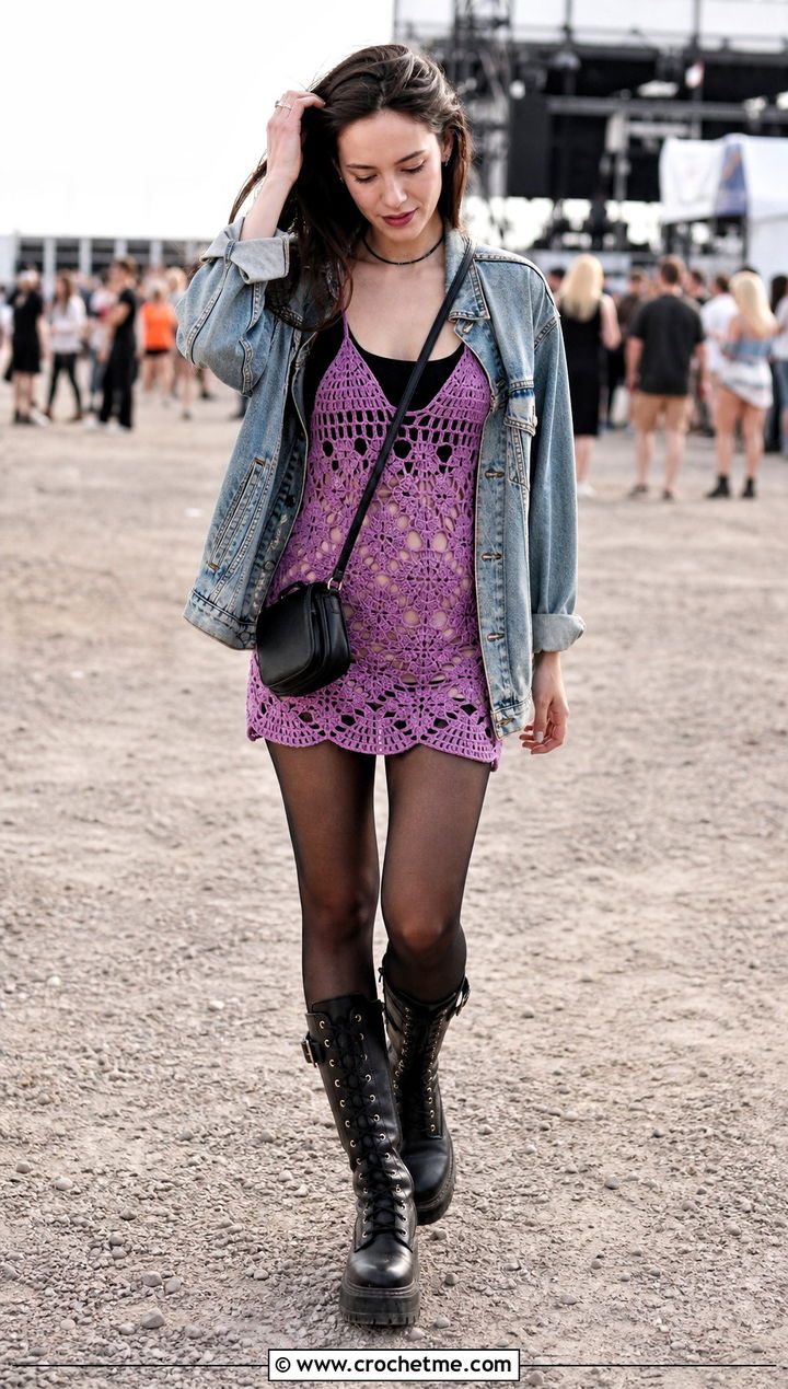 Crochet Mini Dress With Combat Boots - 35 Crochet Grunge Clothes and outfit ideas