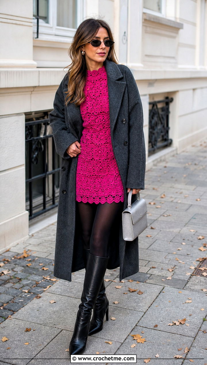 Crochet Mini Dress With Oversized Coat - 25 Autumn Crochet Outfit ideas
