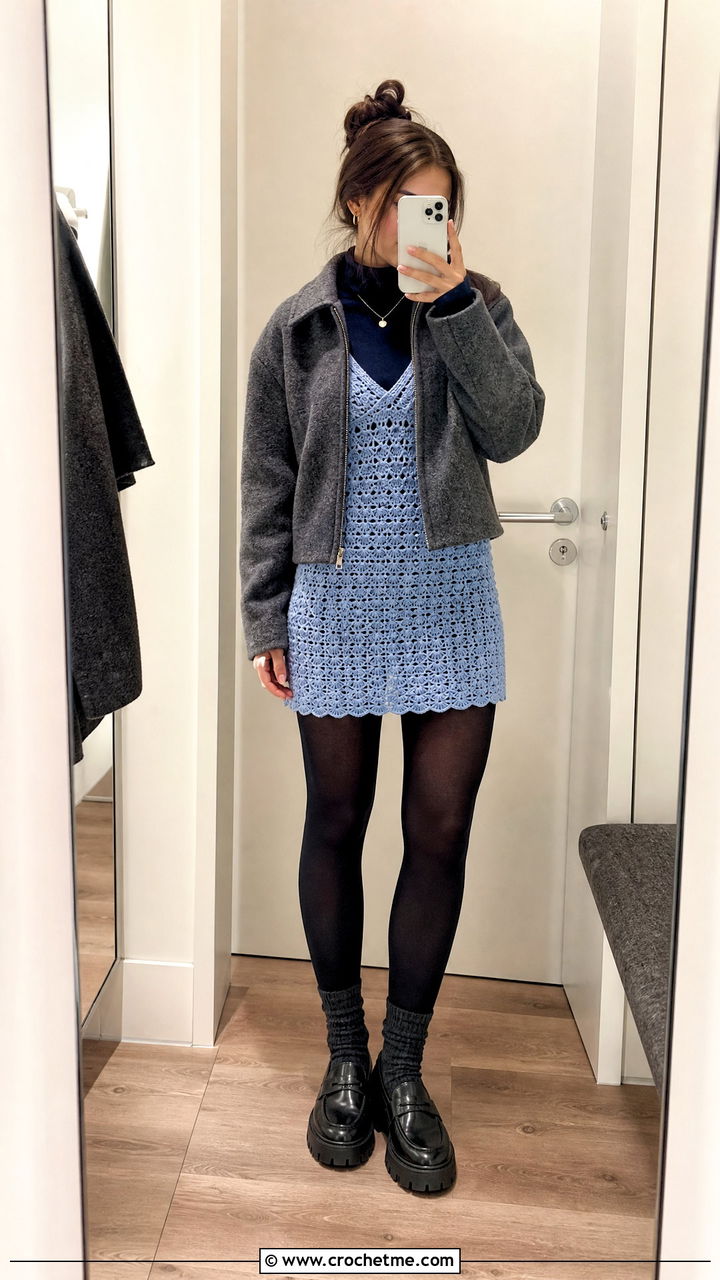 Crochet Mini Dress With Tights And Loafers - 35 autumn crochet clothes and outfit ideas