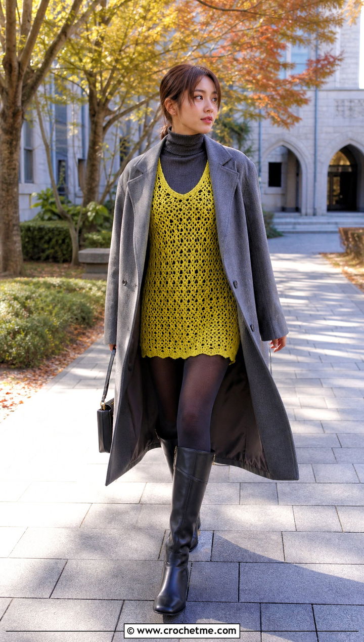 Crochet Mini Dress With Turtleneck And Tights - 30 Fall Crochet Clothes Ideas