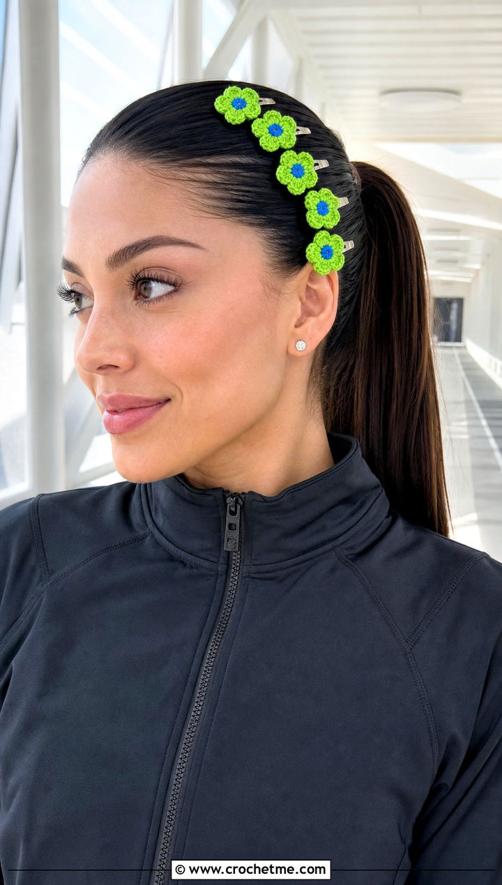 Crochet Mini Flower Snap Clips With Athleisure Set - 15 crochet flower headband and clip outfit ideas